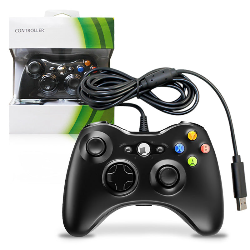 Black gaming controller with USB cable in front of its packaging on a white background. Wireless Wired Game Handle Double Vibration