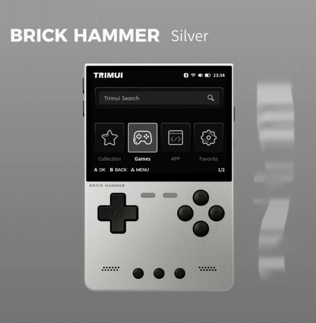Silver handheld device with screen displaying 'TRIMULI' on a gray background