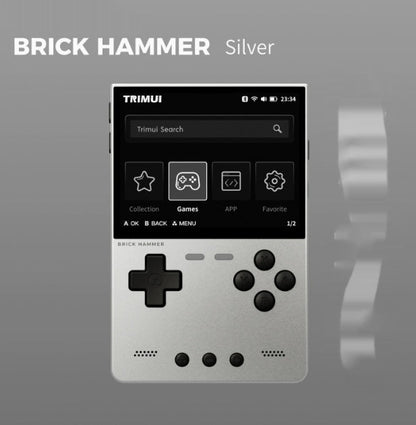 Silver handheld device with screen displaying 'TRIMULI' on a gray background