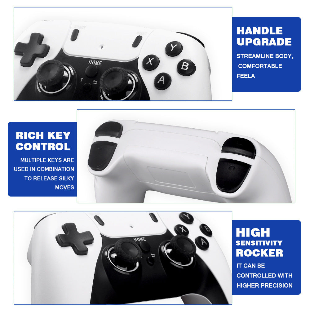 Gaming controller with text highlighting features like handle upgrade, rich key control, and high sensitivity rocker.