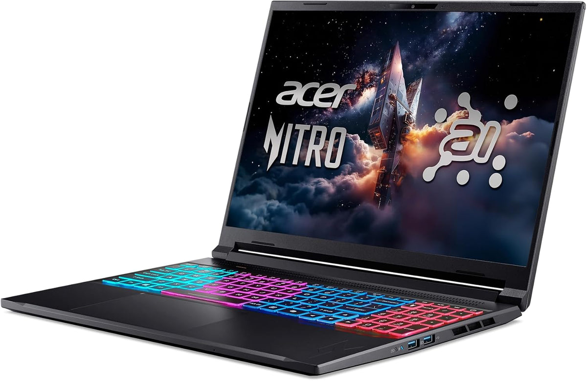 Acer Nitro laptop with colorful keyboard on a white background