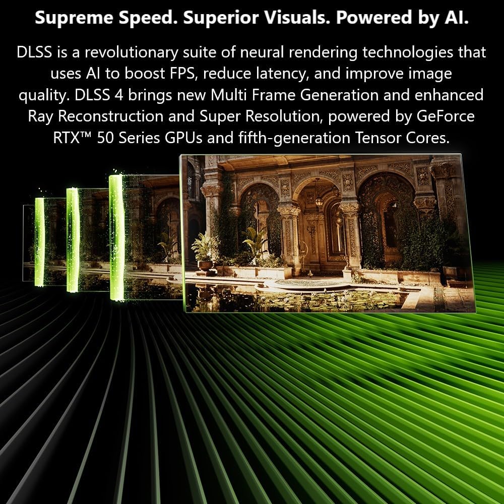Advertisement for DLSS technology with architectural scene and green light bars.