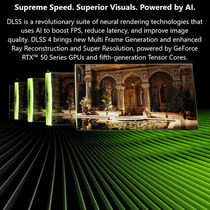 Advertisement for DLSS technology with architectural scene and green light bars.
