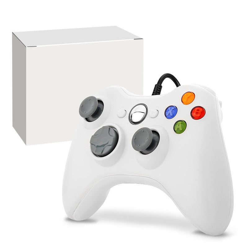 A white wired game controller with gray analog sticks and multicolor buttons, shown in front of a plain white box on a white background. Wireless Wired Game Handle Double Vibration