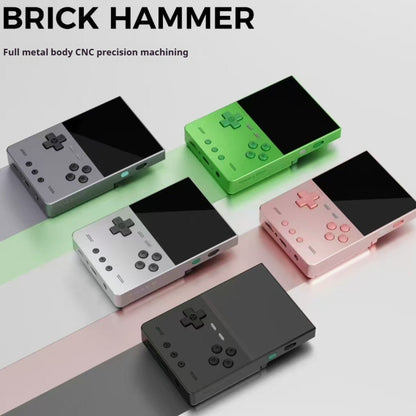 Collection of colorful handheld gaming consoles on a light background with 'BRICK HAMMER' branding.