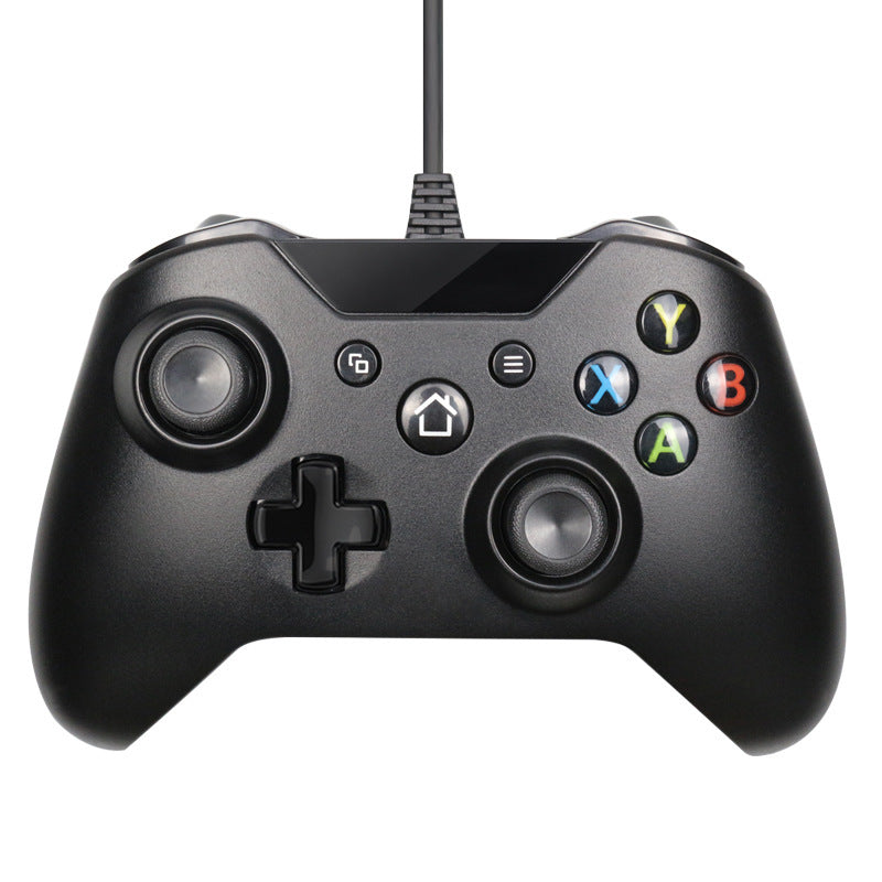 Black gaming controller with colorful buttons on a white background