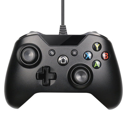 Black gaming controller with colorful buttons on a white background