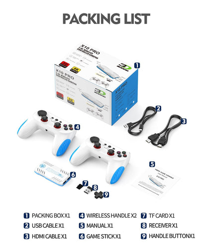 X10 PRO TV Retro Arcade Home Game Console Bundle: 1 Console, 1 Receiver, 1 Power Cable, 1 HDMI Cable, 2 Controllers, 2 Controller Faceplates, 1 Receiver