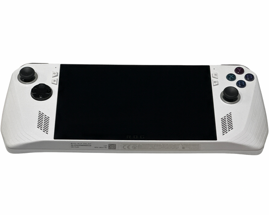 White ASUS ROG Ally handheld gaming PC with black touchscreen display, dual analog sticks, D-pad, action buttons, and front-facing speakers shown on a white background. Lightly used portable Windows gaming console.