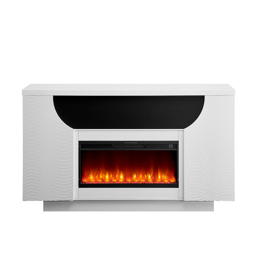 A modern electric fireplace insert with a white textured surround, a black arched niche above, and glowing orange and red faux flames visible in a glass front.