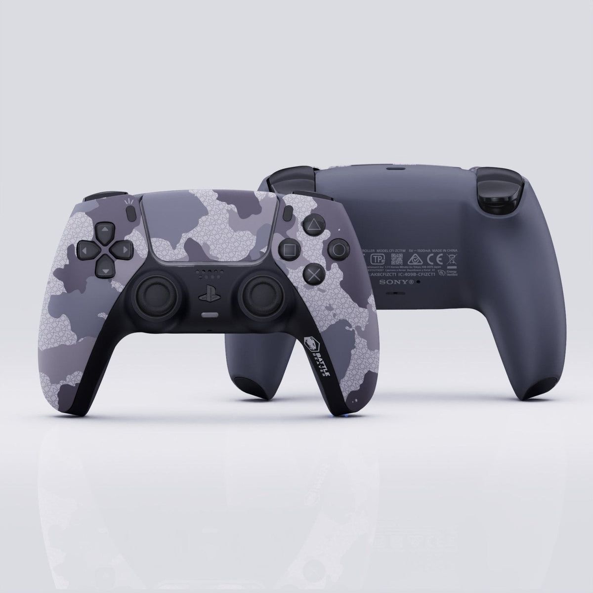 Camouflage-patterned gaming controller on a light gray background
