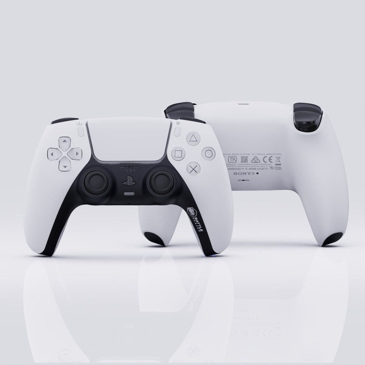 White gaming controller with black accents on a light gray background