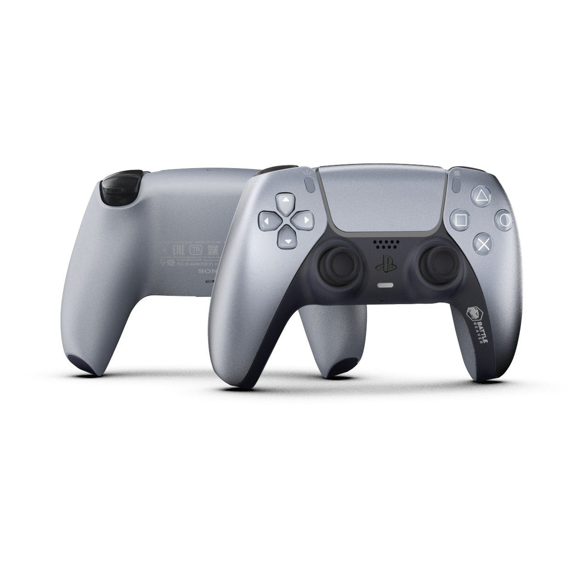 Two gray gaming controllers on a white background