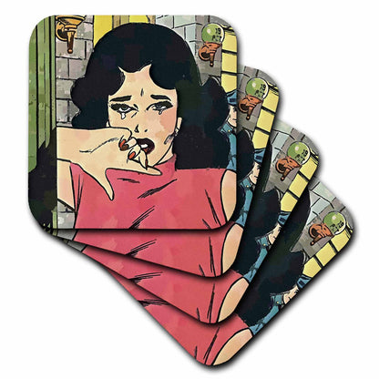 3dRose TNMGraphics Comic Book Romance - Comic Book Woman with a Broken Heart - Coasters