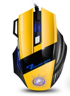 Yellow and black computer gaming mouse with blue light on a white background.