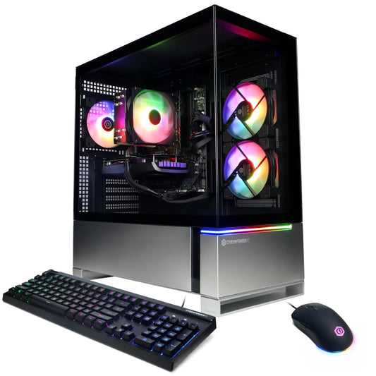 Gaming computer setup with RGB lighting on a white background. CyberPowerPC Gamer Master Gaming PC, AMD Ryzen 7 8700F 4.1GHz, GeForce RTX 5060 Ti 8GB, 16GB DDR5, 1TB PCIe 4.0 SSD, WiFi Ready & Windows 11 Home (GMA2900A2)