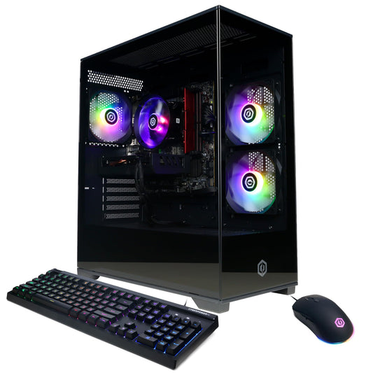 Gaming PC setup with RGB lighting, keyboard, and mouse on a white background