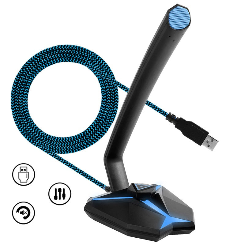 Black and blue USB microphone with stand on a white background