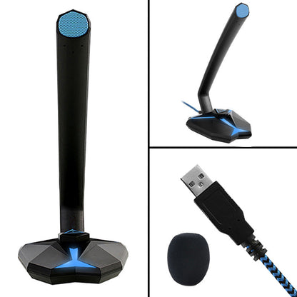 Gaming microphone with stand, USB cable, and additional components on a white background