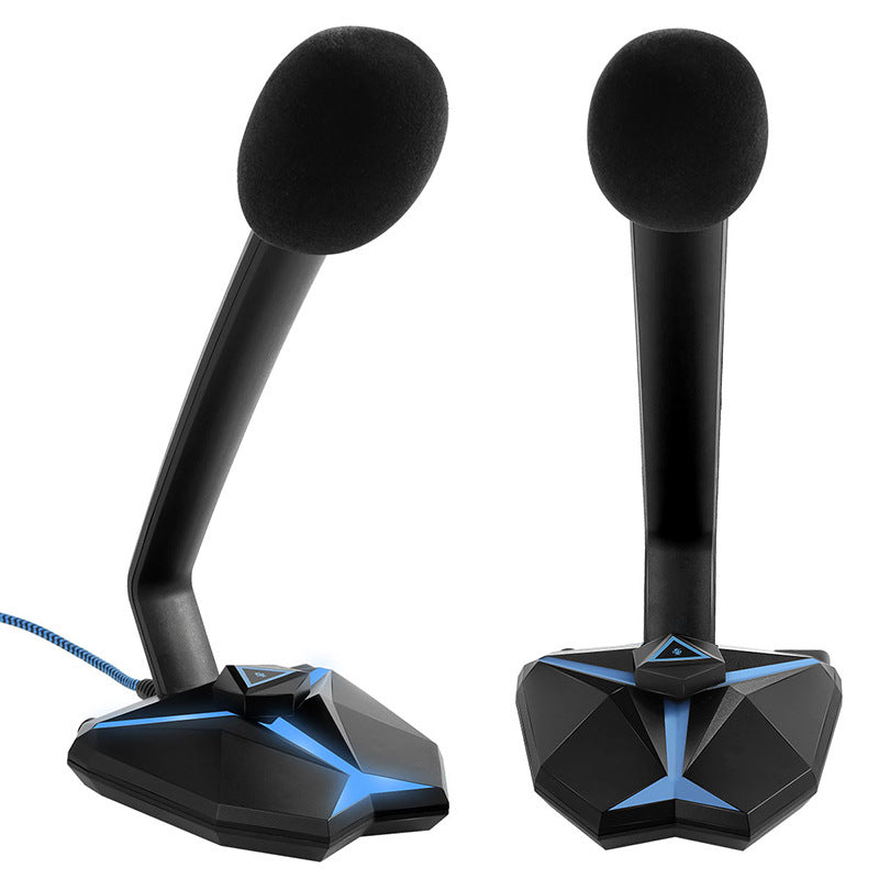 Pair of black gaming microphones with blue accents on a white background