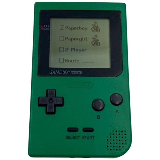 Green Game Boy Pocket with screen displaying game options on a white background