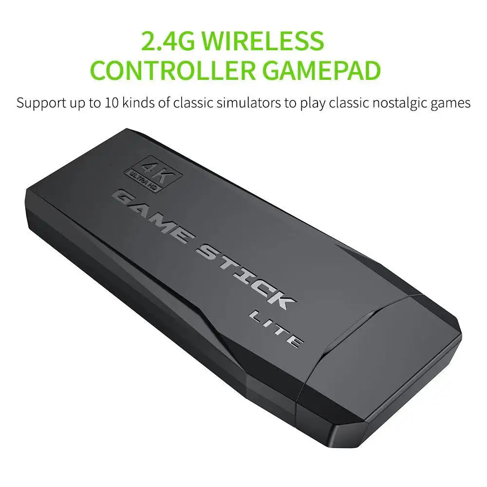 Black game controller stick labeled 'Game Stick Lite' with text about wireless connectivity and classic games on a white background.