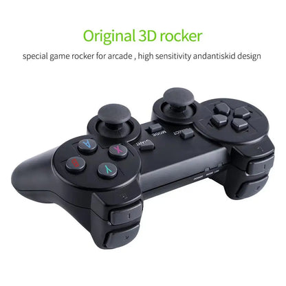 Black game controller with 3D rocker on a white background