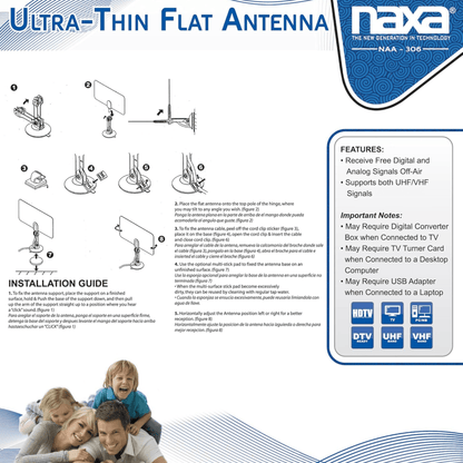 Naxa Ultra-Thin Flat Panel Style Powered Antenna For HDTV and ATSC Digital TV