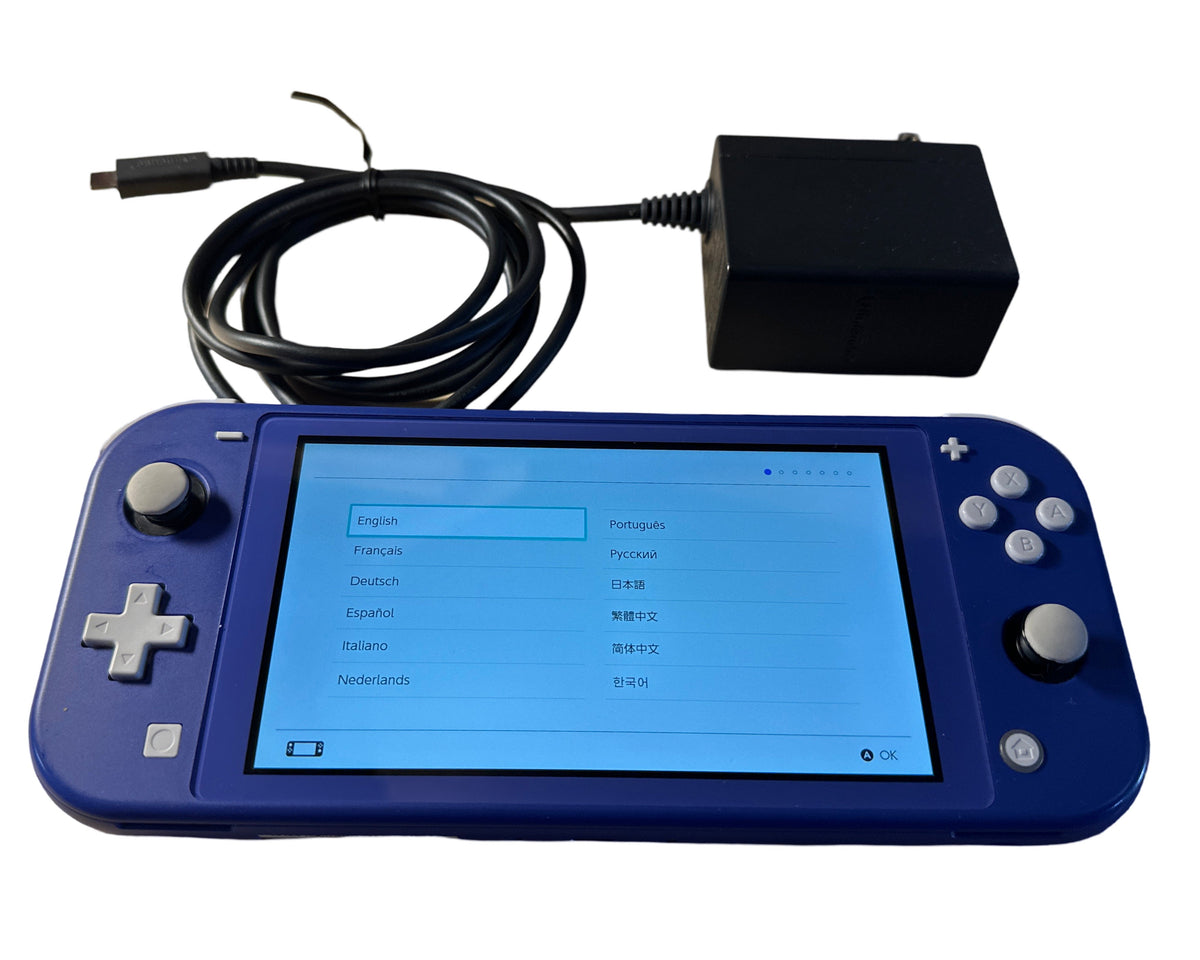 Blue handheld gaming console with screen displaying language options, black cable, and power adapter on a white background.