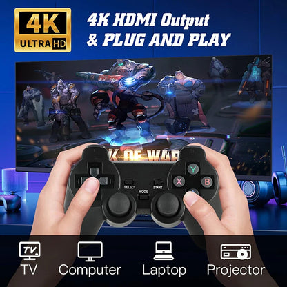 A pair of hands holding a black wireless gaming controller in front of a large screen showing a video game scene. The image includes marketing text reading '4K HDMI Output & Plug and Play' and icons at the bottom indicating TV, computer, laptop, and projector compatibility.