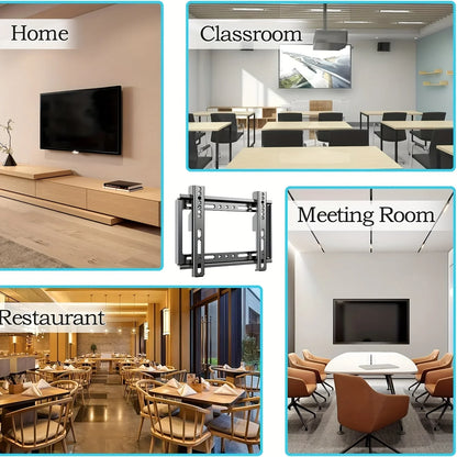 Collage of a home setting, classroom, meeting room, and restaurant with TV displays.