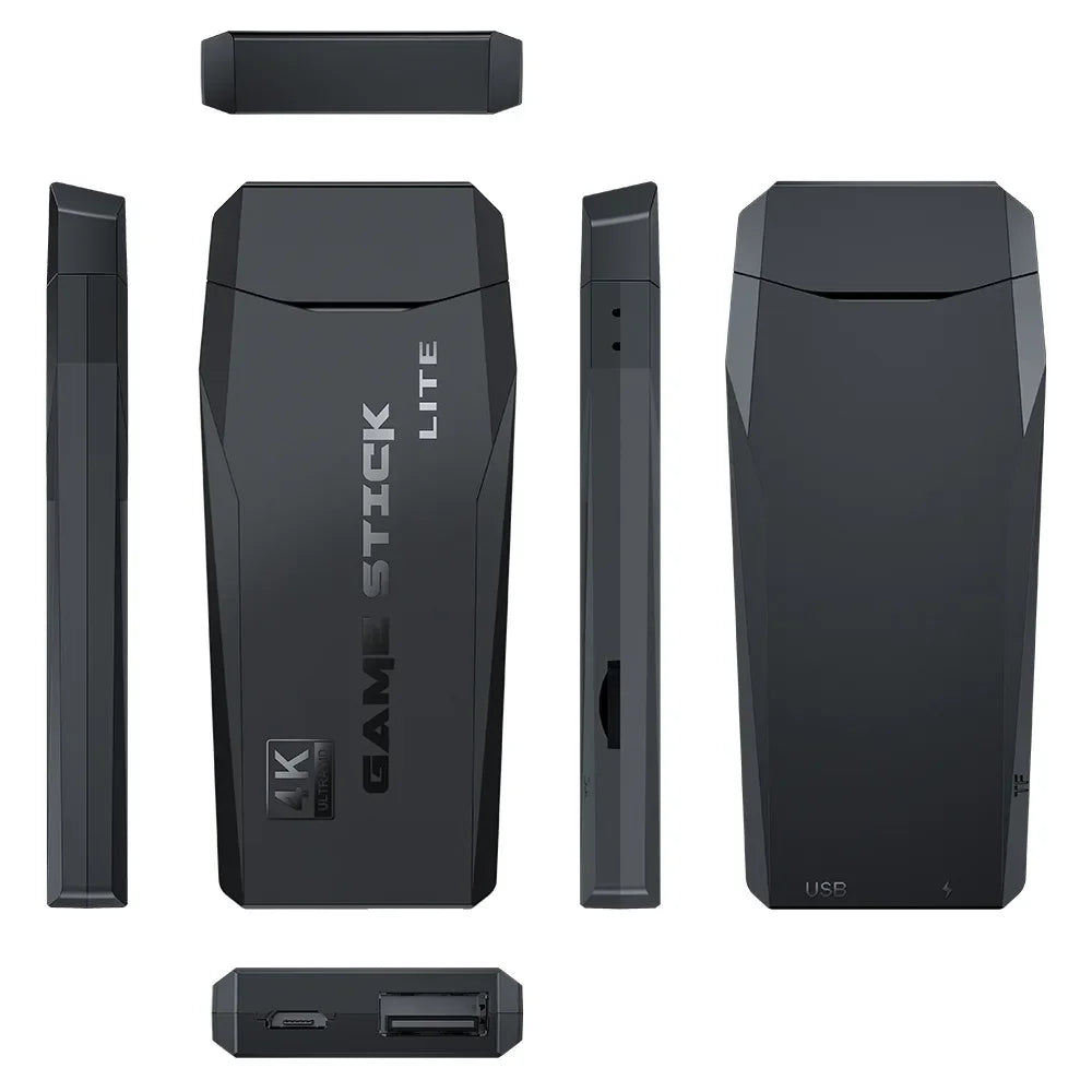 Black Game Stick Lite device with multiple views on a white background