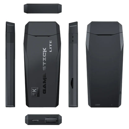 Black Game Stick Lite device with multiple views on a white background