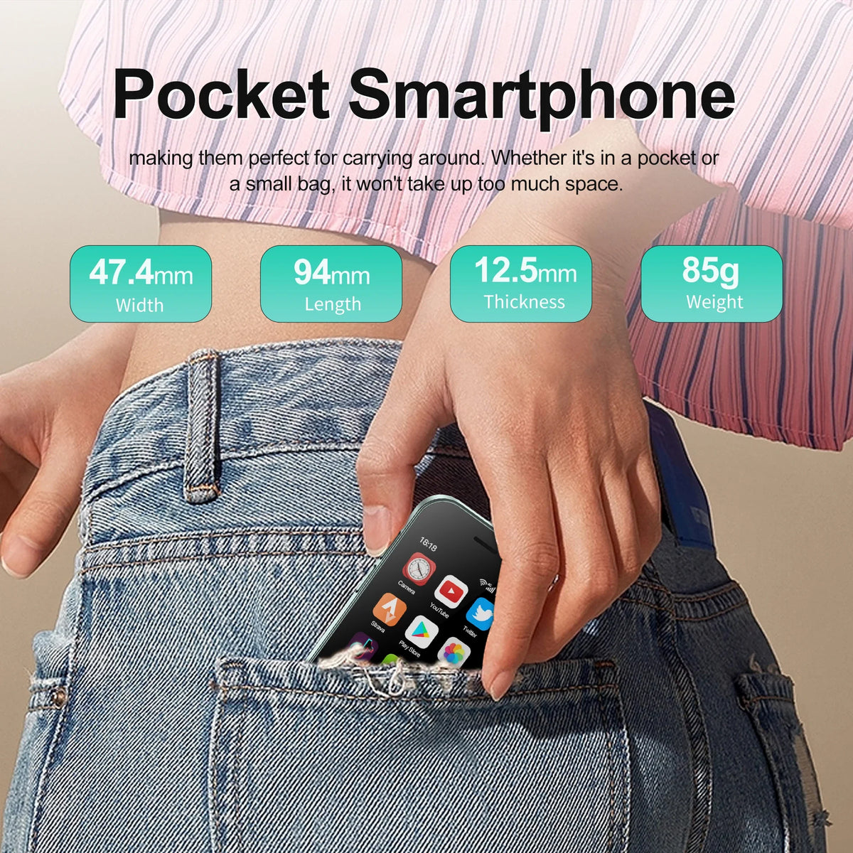Mini 3.0" (7.6 cm) Android 10 Smartphone, 4G LTE, 2GB RAM / 16GB ROM, 2000mAh, Dual SIM, Face Unlock, USB-C
