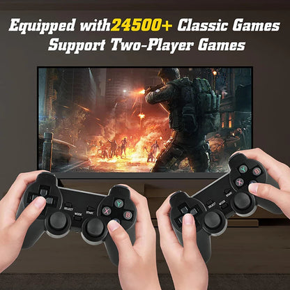 Two hands holding gaming controllers in front of a screen displaying a video game with text about classic games and two-player support.