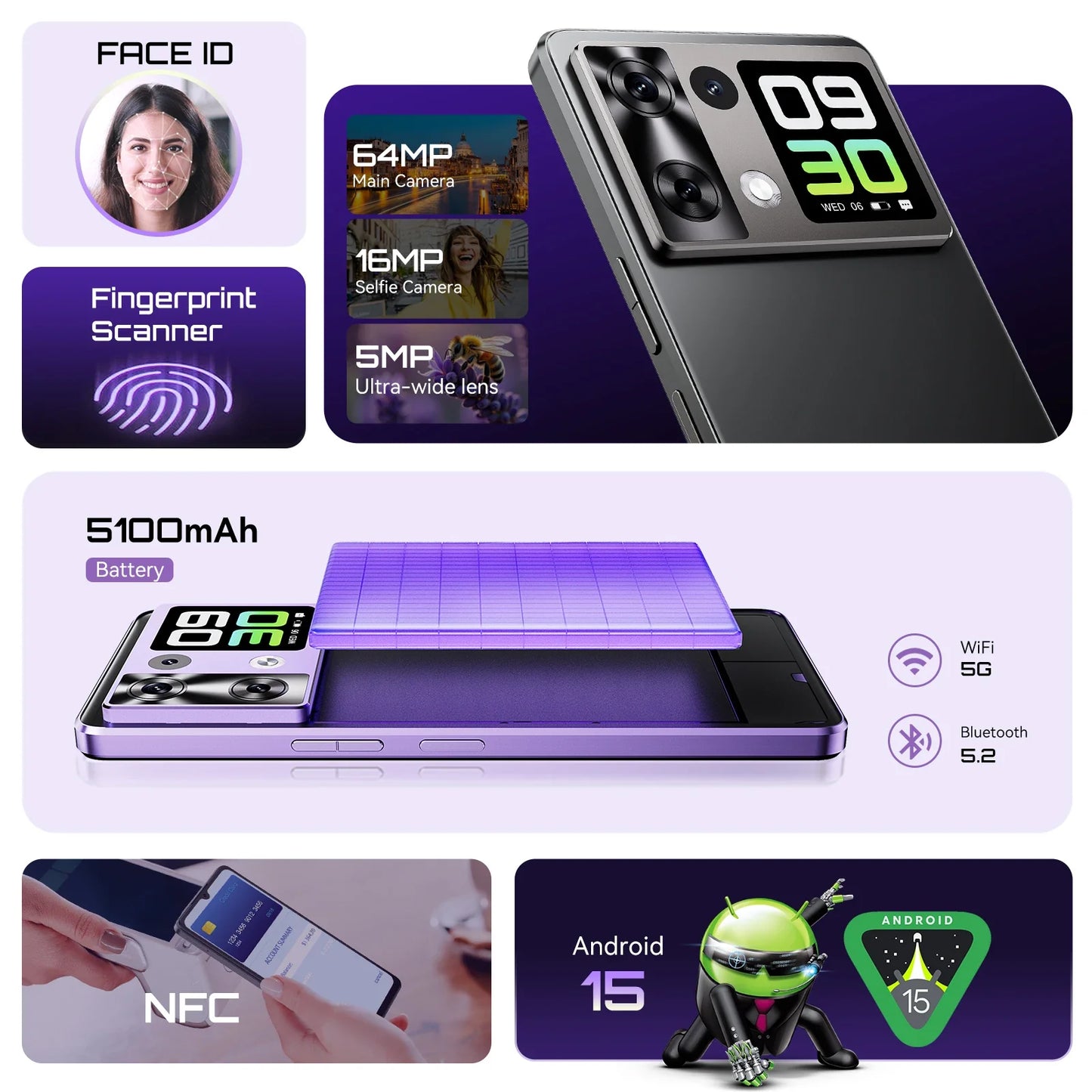 Android 15 Dual-Screen Smartphone, 6.88-inch 120Hz, 24GB RAM 256GB ROM, G100 Octa-Core 2.2GHz, 64MP, 5100mAh, NFC, 4G