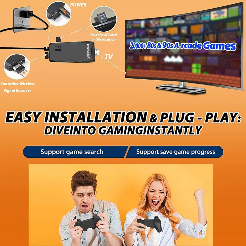 Advertisement for a gaming setup with a TV displaying arcade games, control devices, and two people playing.