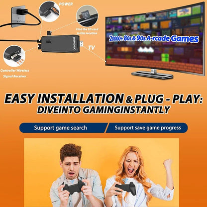 Advertisement for a gaming setup with a TV displaying arcade games, control devices, and two people playing.