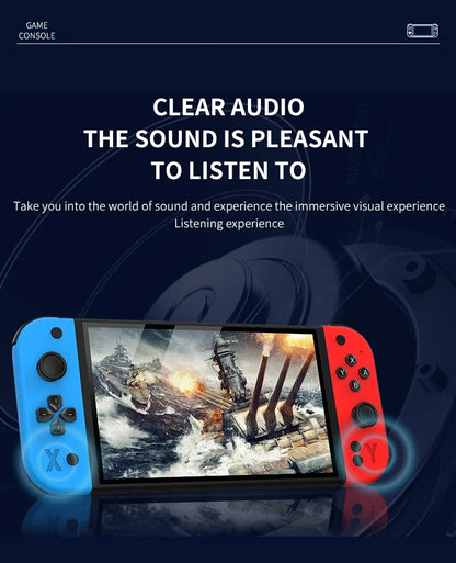 Nintendo Switch console with blue and red Joy-Con controllers, shown in a promotional dark blue graphic with text about clear audio and immersive visual experience.