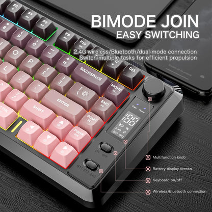 FREEWOLF M75 Wireless Keyboard, Bluetooth Dual-mode, PBT Gradient Ball Cap, With Display Screen, Gaming Keyboard