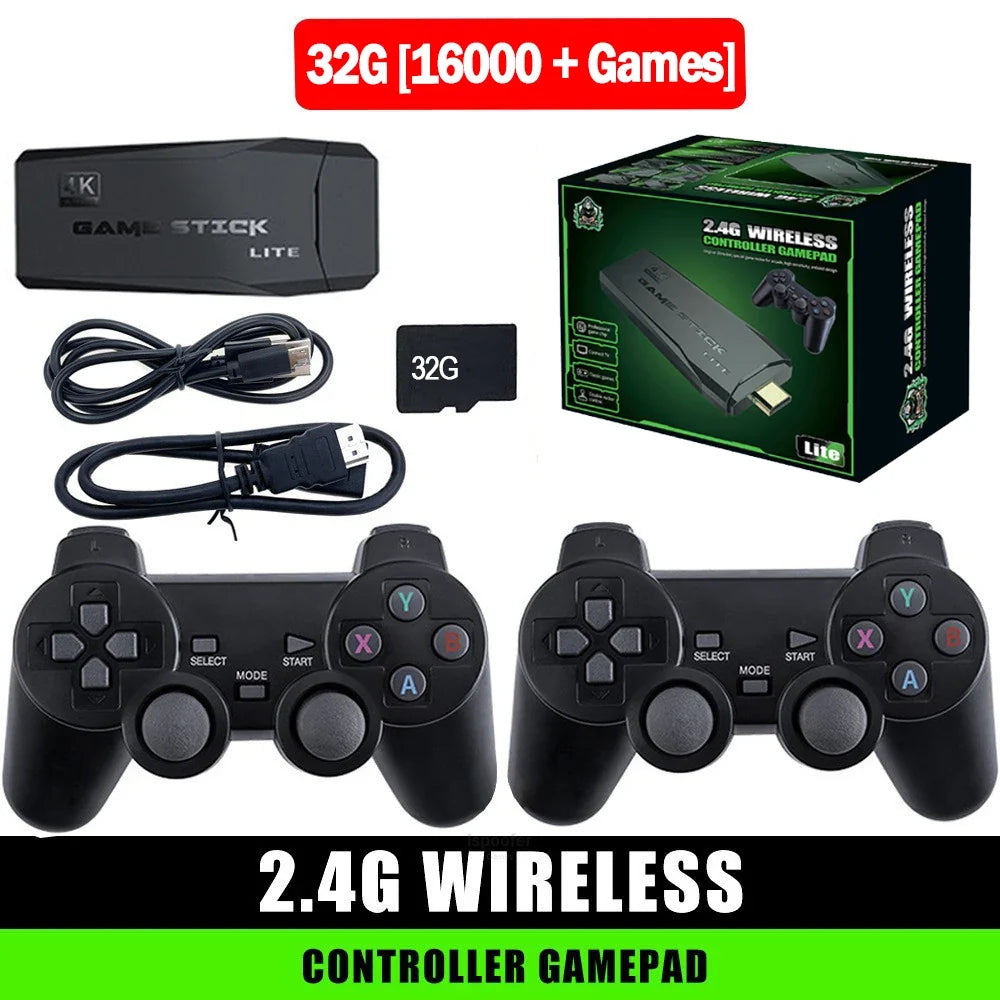 Gaming console with controllers, memory card, and cable on a white background