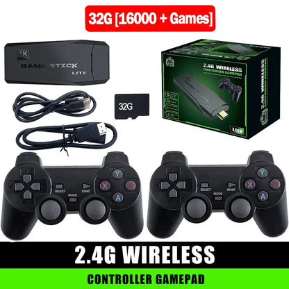 Gaming console with controllers, memory card, and cable on a white background