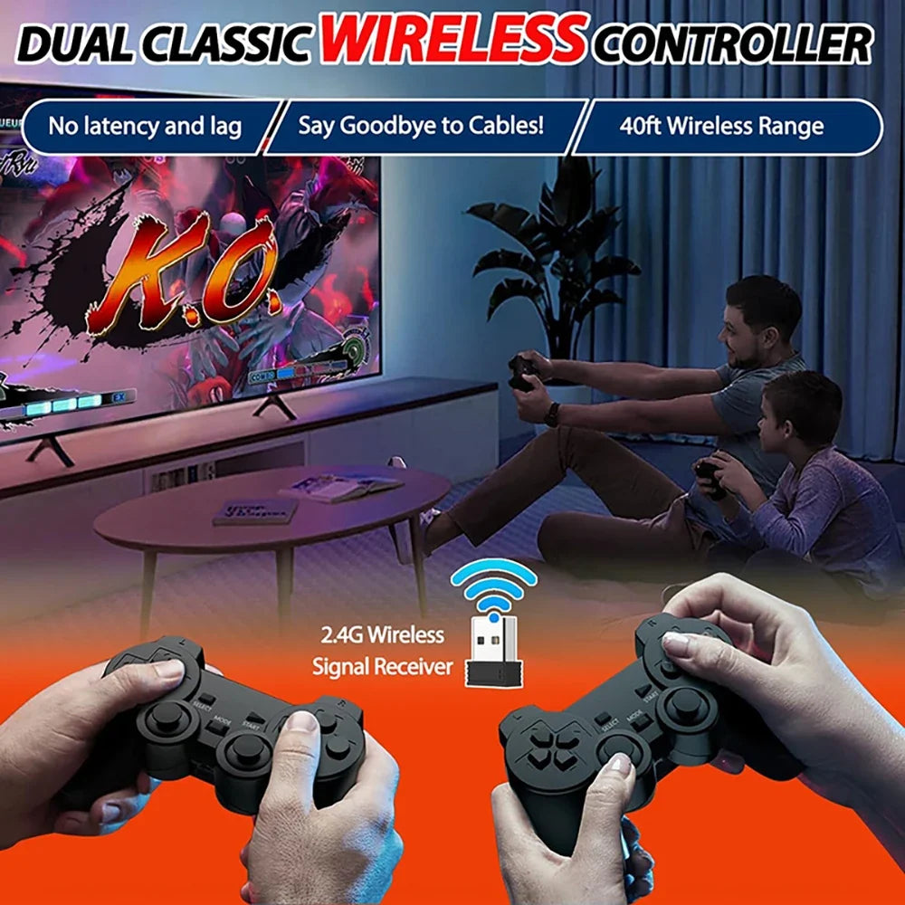 Two people playing video games with wireless controllers in a living room setting.