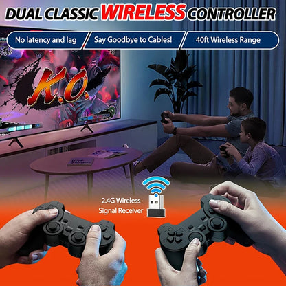 Two people playing video games with wireless controllers in a living room setting.