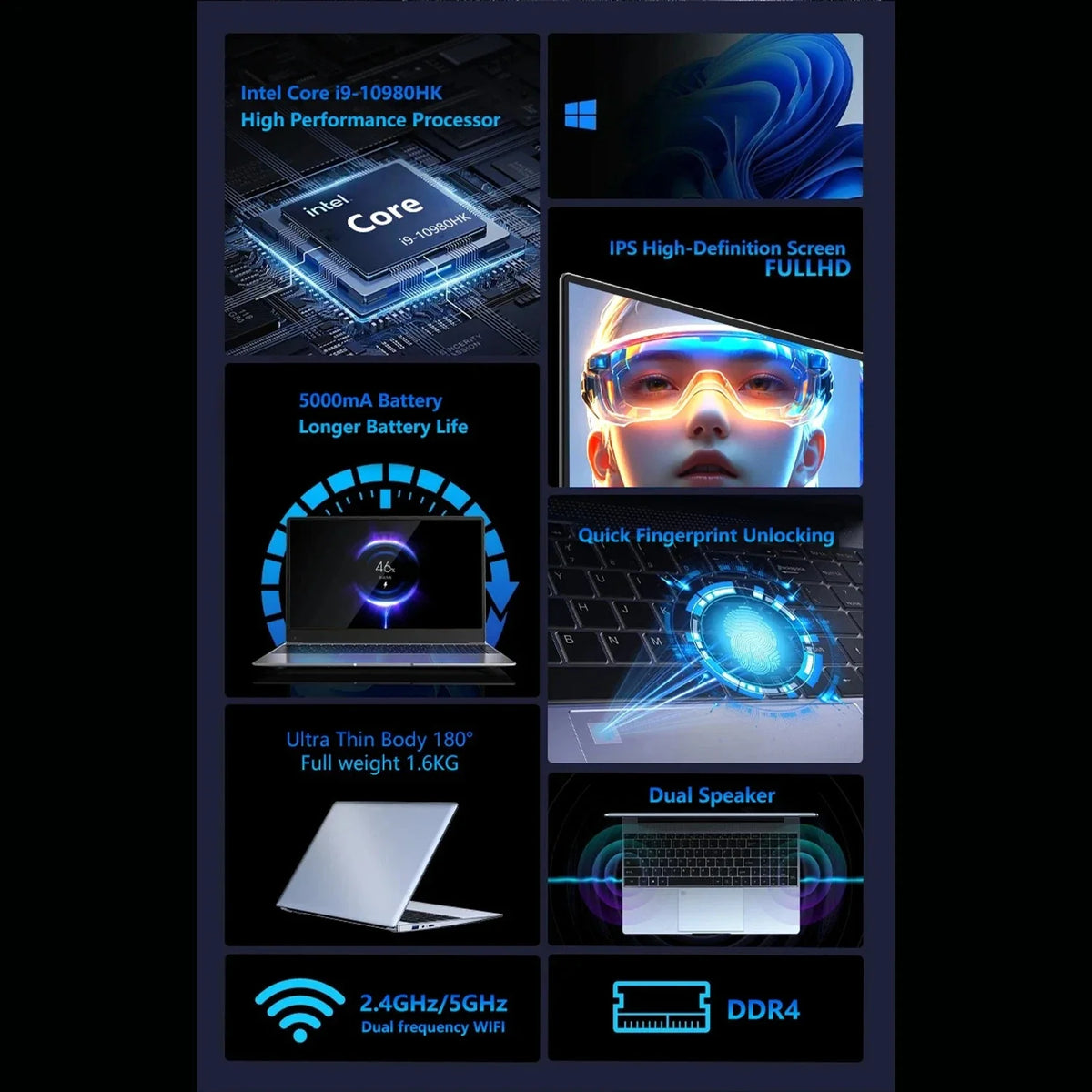 Intel Core i9 10980HK 15.6 Inch Gaming Laptop 8C16T 2.4GHz Base 5.3GHz Boost 32GB RAM 2TB SSD Fingerprint WiFi6 4K Ultrabook Pro