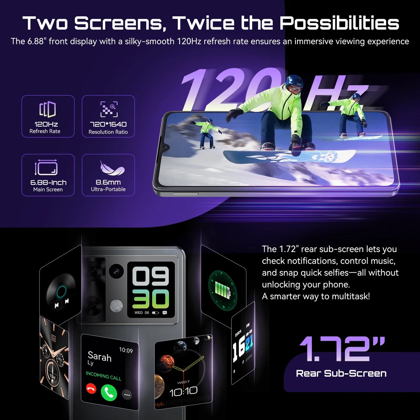 Android 15 Dual-Screen Smartphone, 6.88-inch 120Hz, 24GB RAM 256GB ROM, G100 Octa-Core 2.2GHz, 64MP, 5100mAh, NFC, 4G