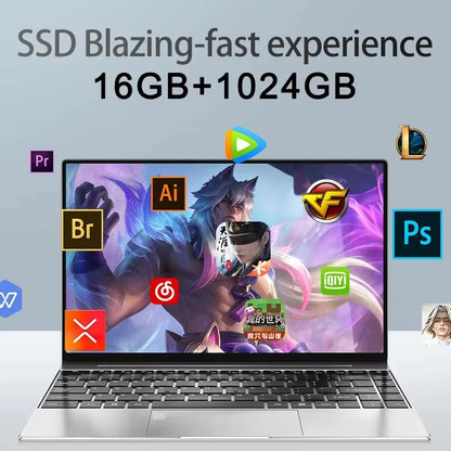 14.1-inch (350 mm) Ultra Slim Laptop — Intel Pentium N3700, 16GB RAM, 2TB M.2 SSD, FHD 1920x1080 IPS, Windows 11 Pro