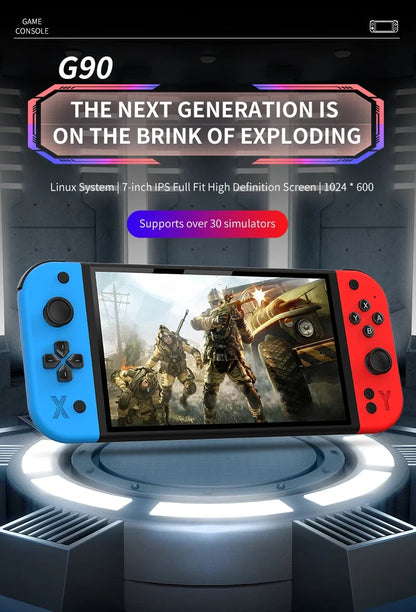 Gaming console with colorful controllers displaying a video game scene on a futuristic platform. G90 Handheld Game Console – 7-inch 64GB Retro Arcade Gaming Device
