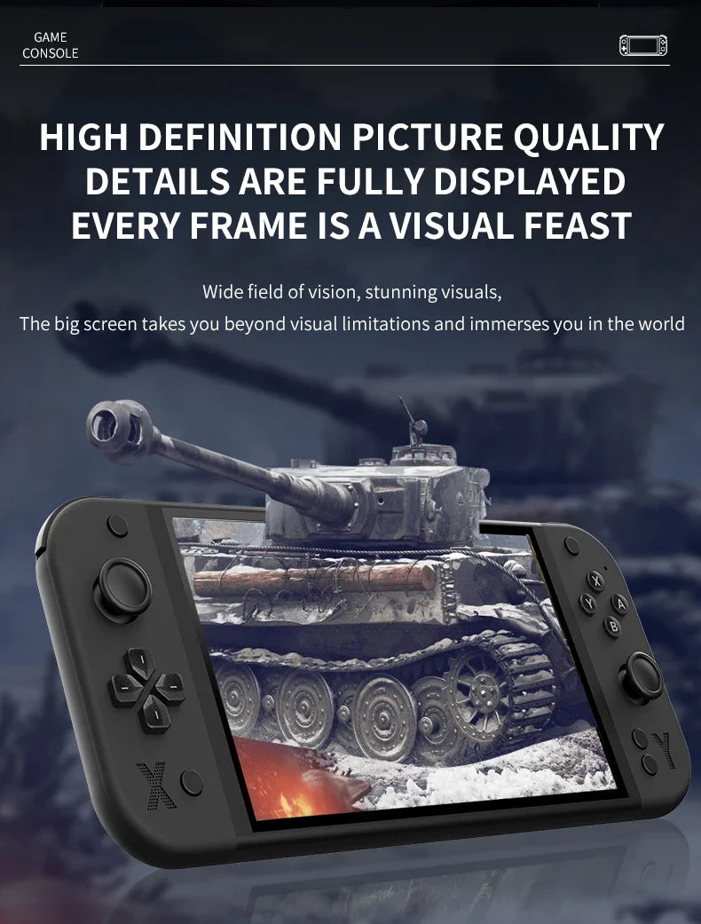 Game console displaying a tank image with text about high definition picture quality. G90 Handheld Game Console – 7-inch 64GB Retro Arcade Gaming Device