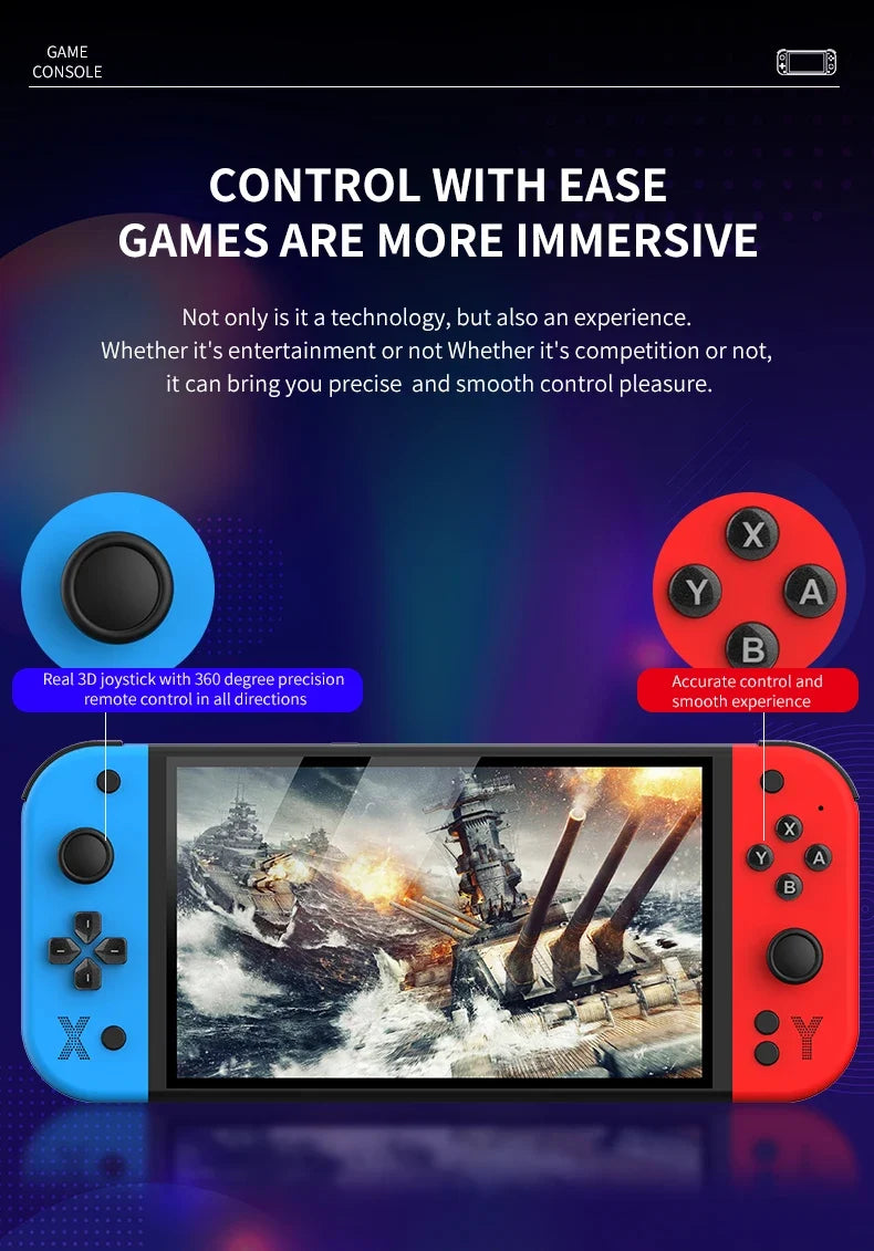  G90 Handheld Game Console – 7-inch 64GB Retro Arcade Gaming Device Gaming console with controllers displaying a ship battle scene on screen.